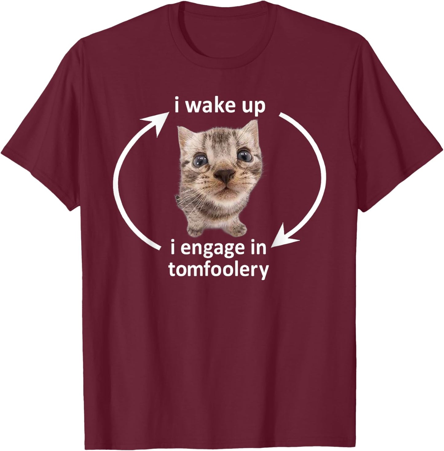 I Wake Up I Engage In Tomfoolery Funny Cat Meme Men Women T-Shirt - T-Shirt | Maroon