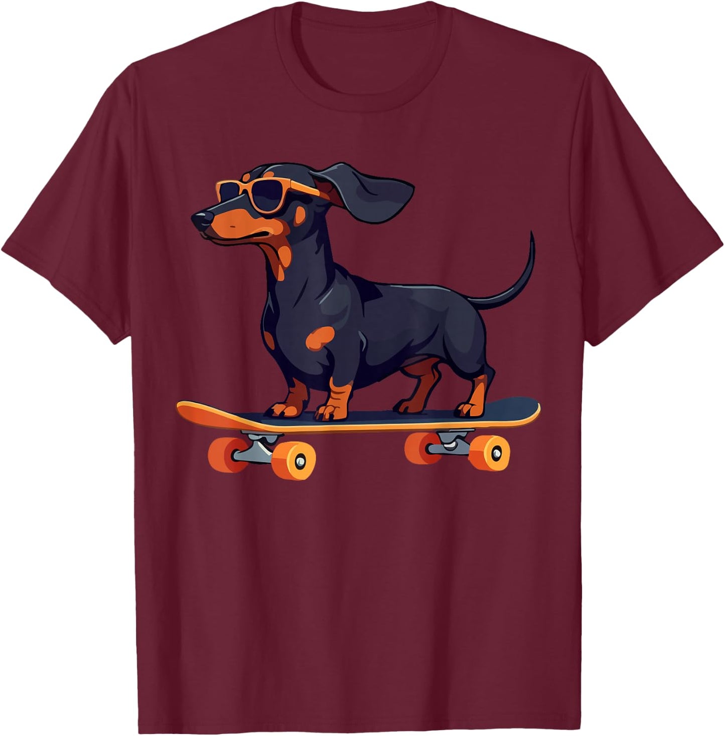 Dachshund Wiener Dog with Sunglasses on a Skateboard Funny T-Shirt - T-Shirt | Maroon