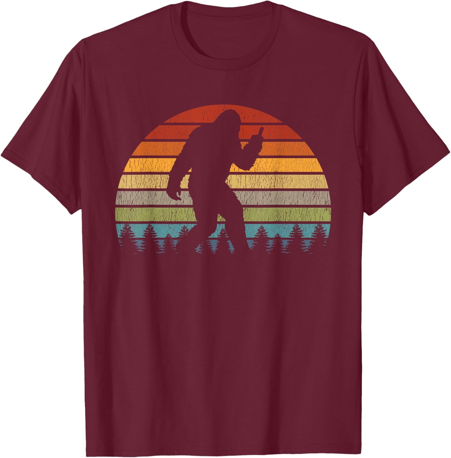 Retro Bigfoot Middle Finger Silhouette Sasquatch Sunset T-Shirt - T-Shirt | Maroon