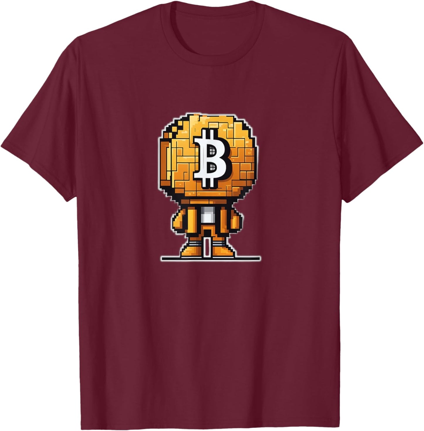 Pixelated bitcoin-head character cryptocurrency bitcoiner T-Shirt - T-Shirt | Maroon