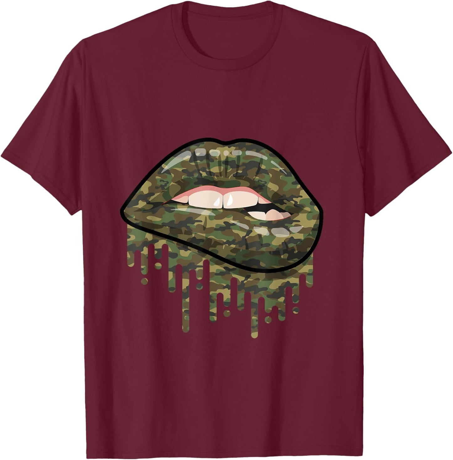 Camouflage Lips Mouth Military Kiss Me Biting Camo Kissing T-Shirt - T-Shirt | Maroon