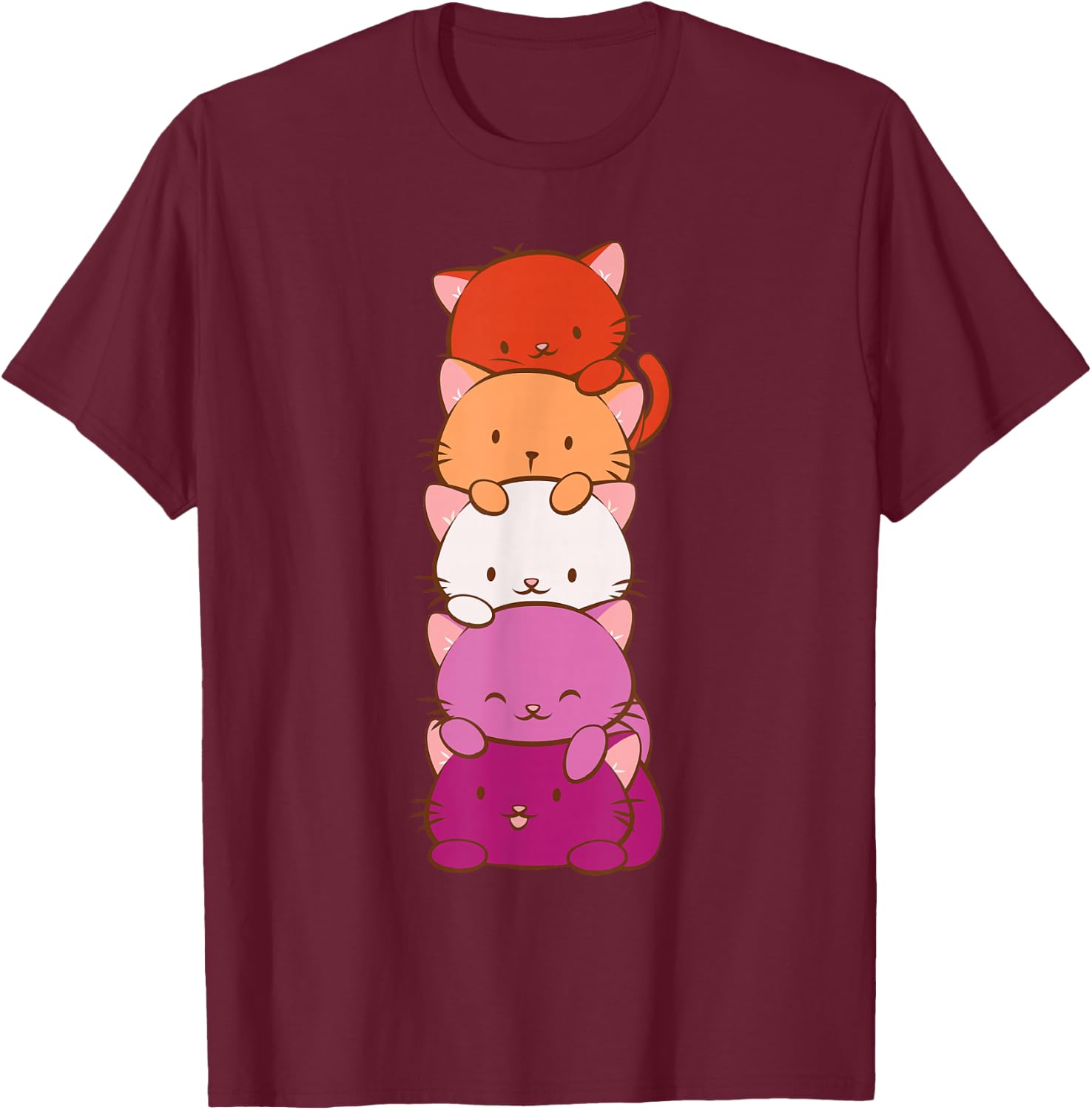 Orange Pink Lesbian Pride Flag Cute Kawaii Cat T-Shirt - T-Shirt | Maroon