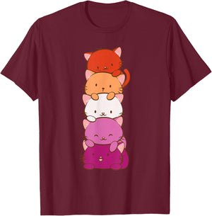 Orange Pink Lesbian Pride Flag Cute Kawaii Cat T-Shirt - T-Shirt | Maroon