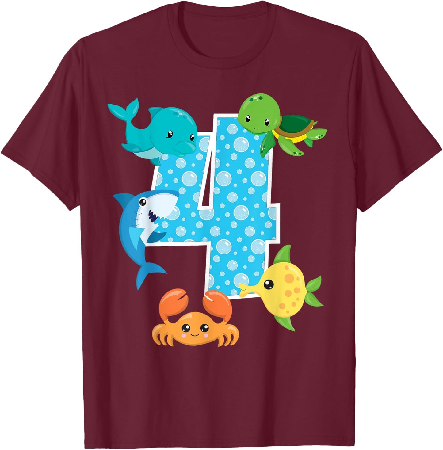 4th Birthday Party 4 Year Old Sea Fish Aquarium Birthday Boy T-Shirt - T-Shirt | Maroon