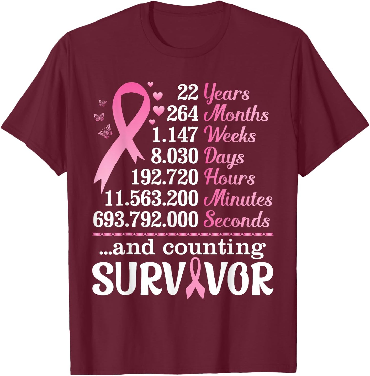 22 Years 264 Months Fighting Breast Cancer Counting Survivor T-Shirt - T-Shirt | Maroon
