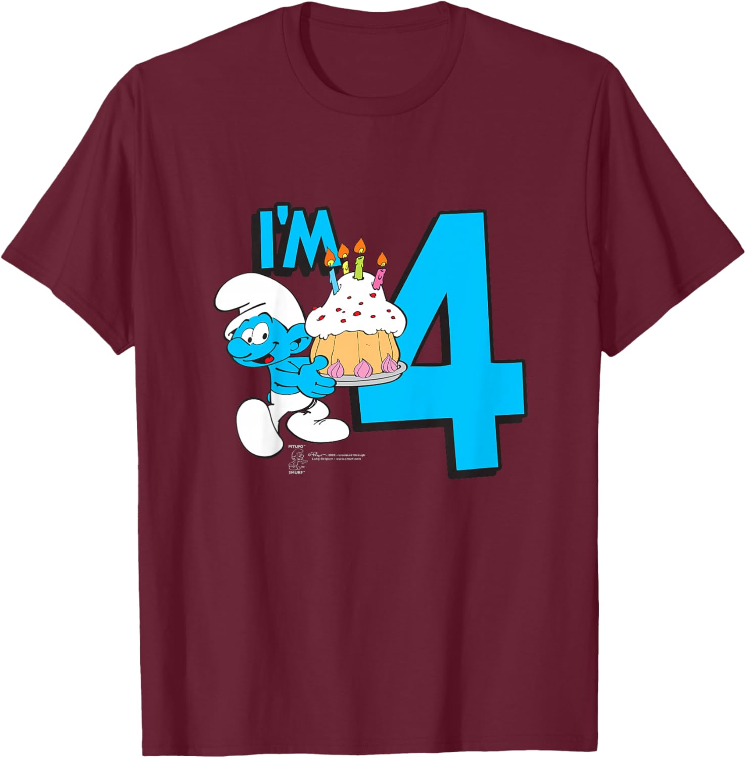 Kids The Smurfs Birthday I'm 4 T-Shirt - T-Shirt | Maroon