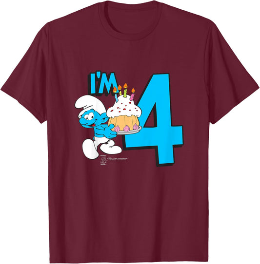 Kids The Smurfs Birthday I'm 4 T-Shirt - T-Shirt | Maroon