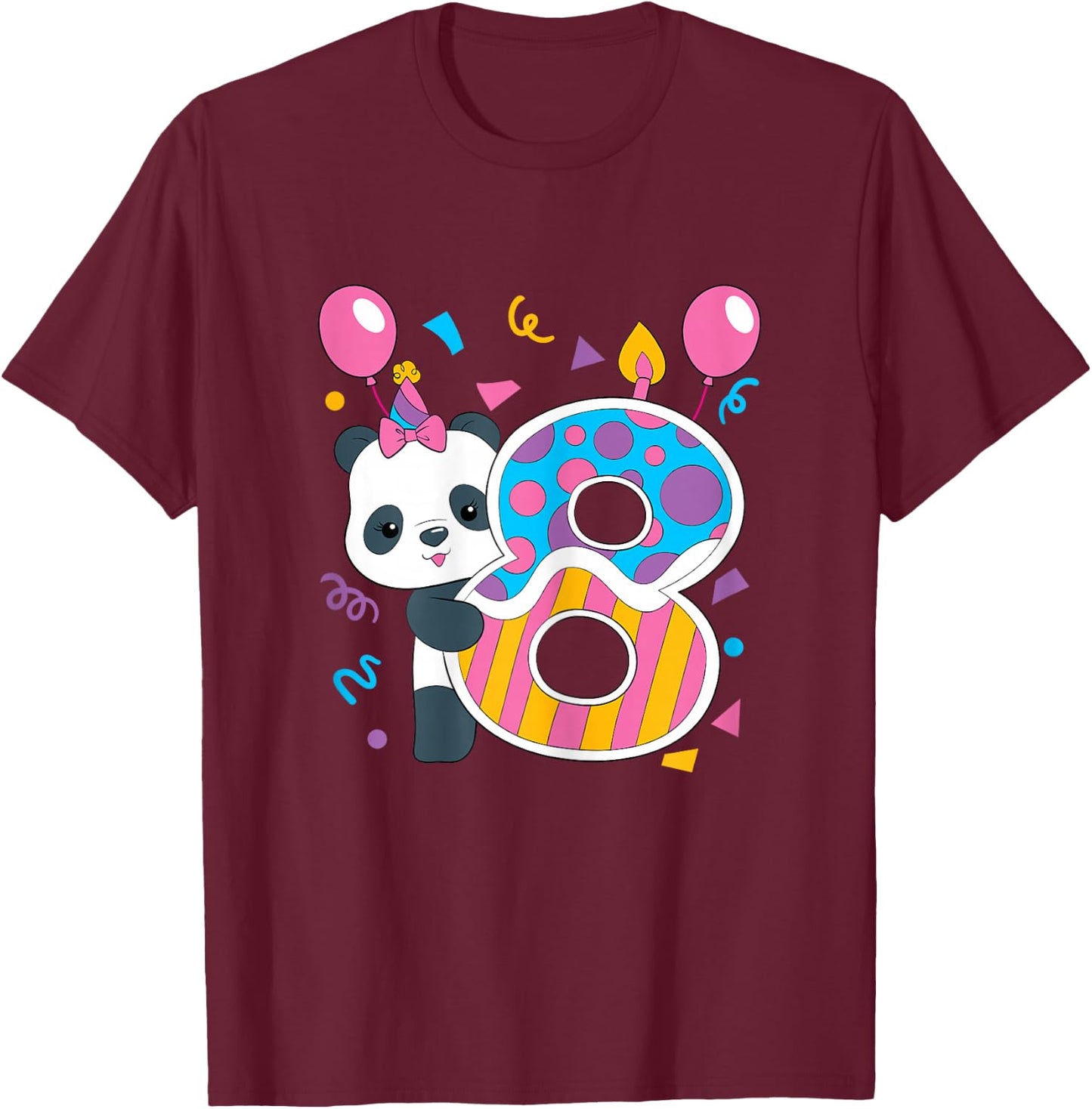 Panda 8 Year Old Children's Birthday Party T-Shirt - T-Shirt | Maroon