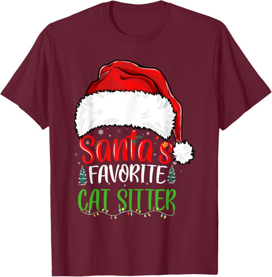 Santa's Favorite Cat Sitter Funny Christmas Cat Sitter T-Shirt - T-Shirt | Maroon