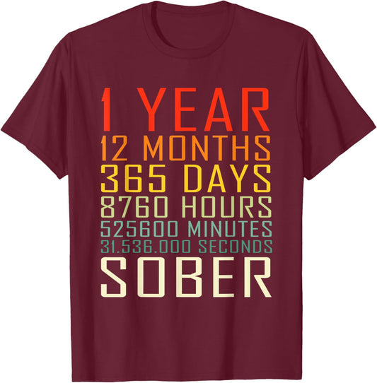 1 Year Sobriety Anniversary Vintage 1 Years Sober T-Shirt - T-Shirt | Maroon