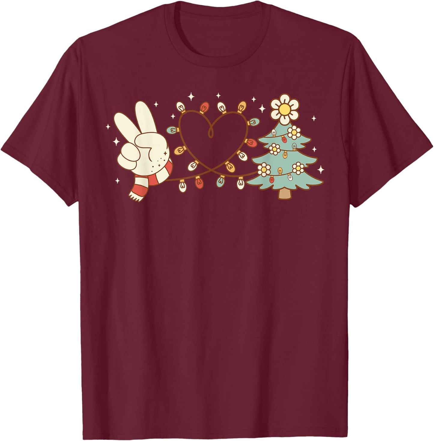 Peace Love Christmas Tree Heart Funny Xmas Holiday Vibes T-Shirt - T-Shirt | Maroon