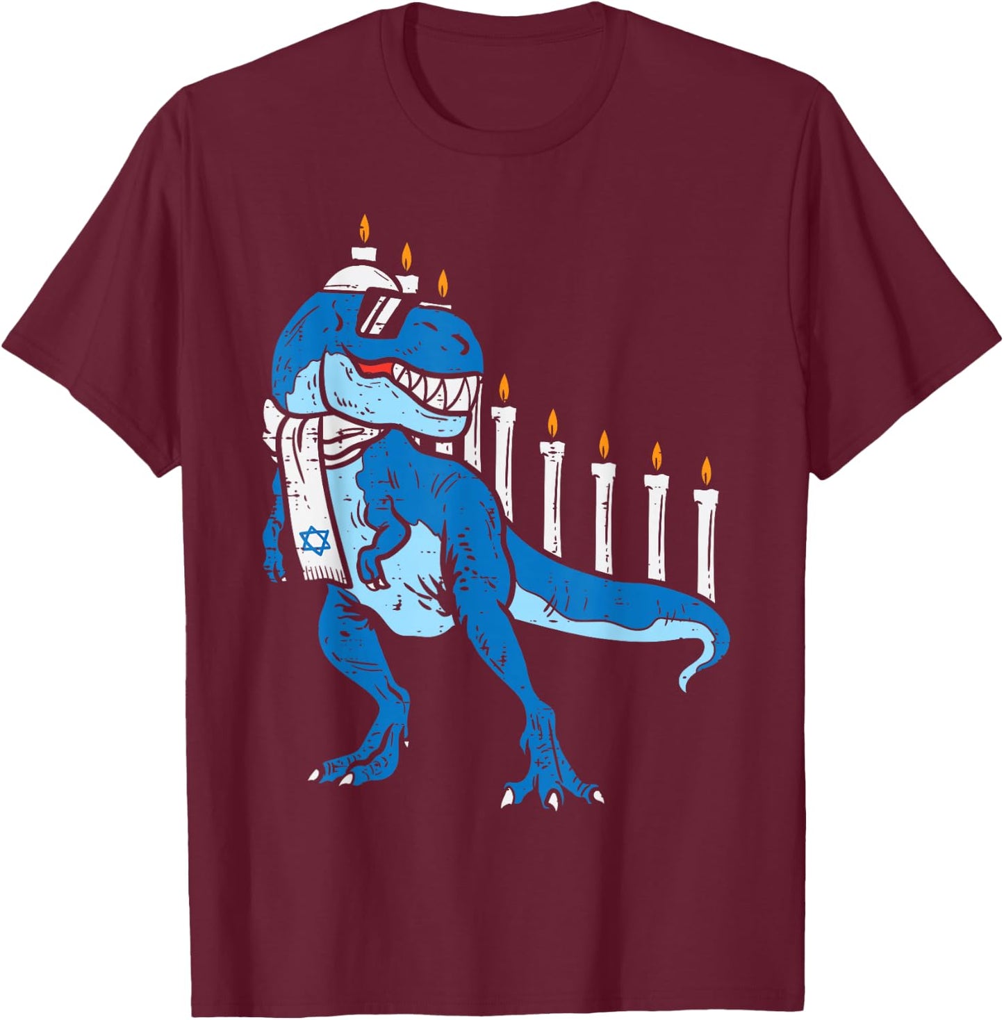 BoredKoalas Hanukkah Shirts Jew Chanukah Gifts Trex Dinosaur Menorah Kids Boys Black Short Sleeve Classic Fit Cotton Polyester T-Shirt - T-Shirt | Maroon