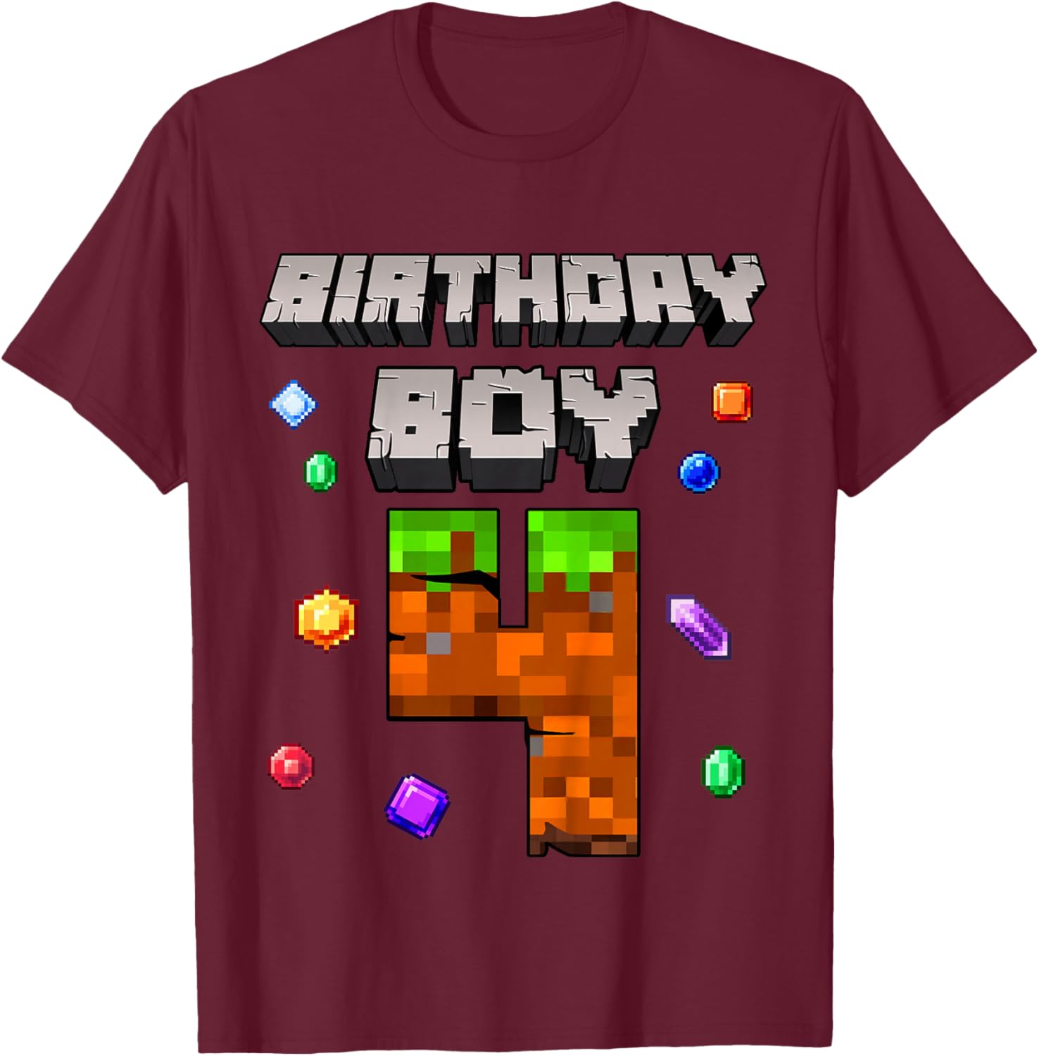 Kids 4th Birthday Boy 4 Video Gamer Pixel Number Four Bday Party T-Shirt - T-Shirt | Maroon