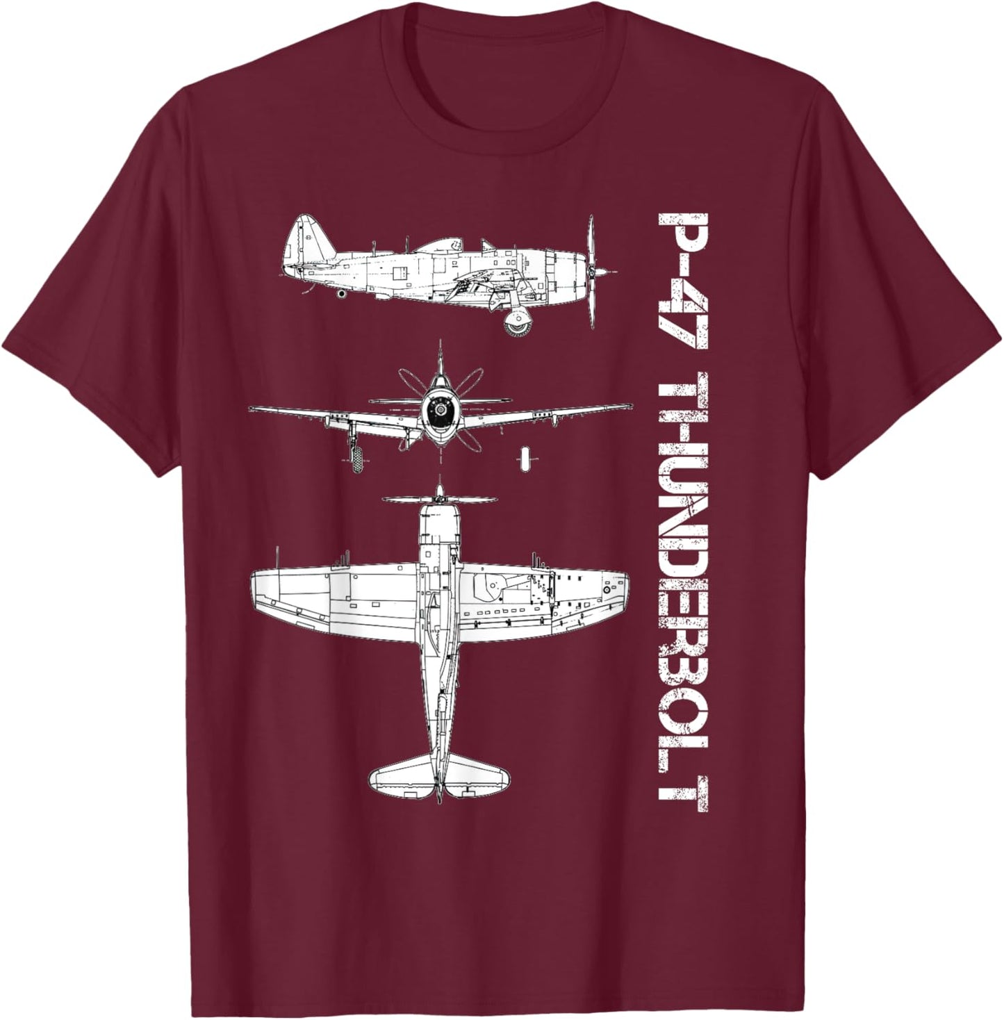 P47 Thunderbolt WW2 Fighter Airplane Blueprint T-Shirt - T-Shirt | Maroon