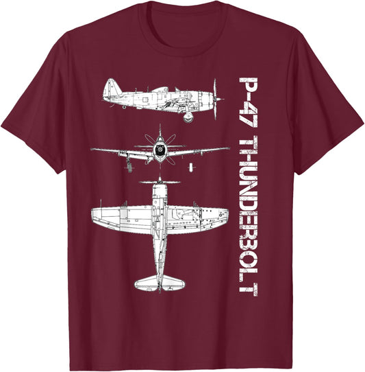 P47 Thunderbolt WW2 Fighter Airplane Blueprint T-Shirt - T-Shirt | Maroon
