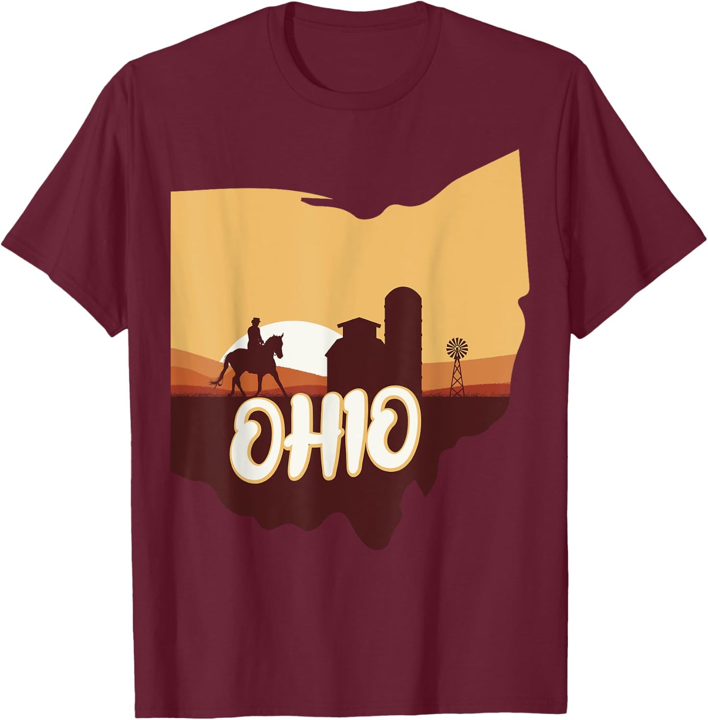 Ohio Map Horse Riding Cowboy Barn Windmill Ohio Souvenirs T-Shirt - T-Shirt | Maroon