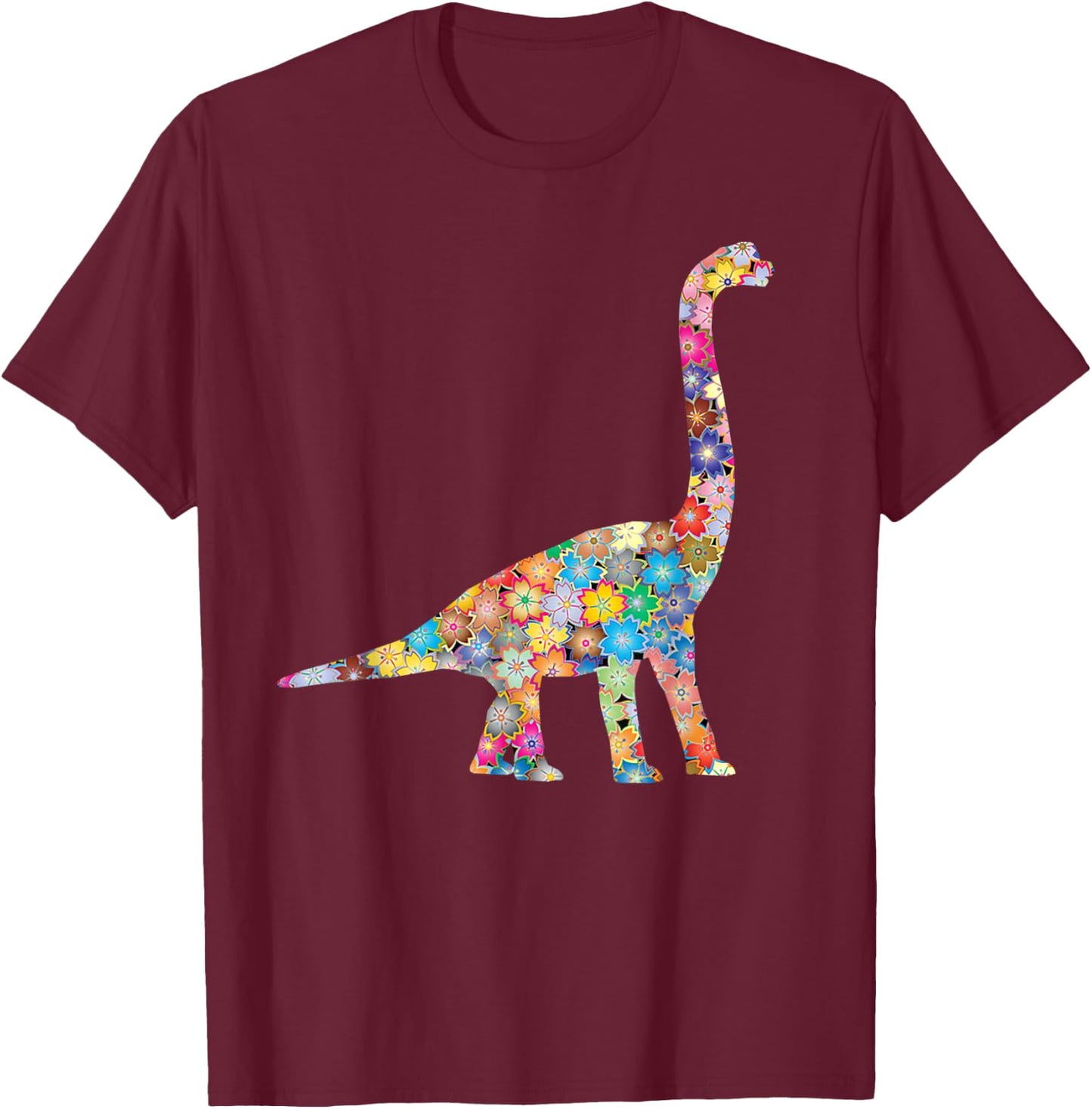 SunFrot T Rex Dinosaur, Flowers - -Adults/Kids, Black, Small, Short Sleeve, Cotton 100% T-Shirt - T-Shirt | Maroon