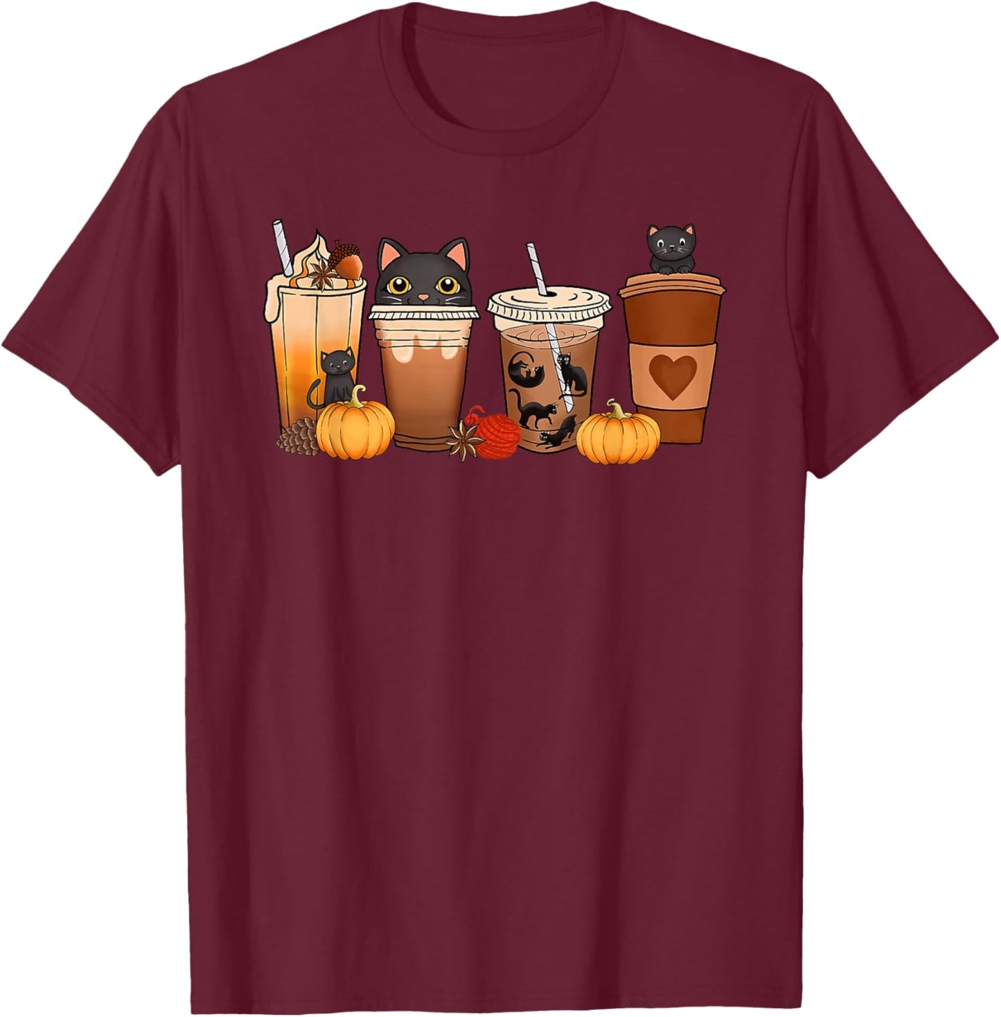 Black Cat Halloween Iced Coffee Cups Fall Pumpkin Kitten Women Kids T-Shirt - T-Shirt | Maroon