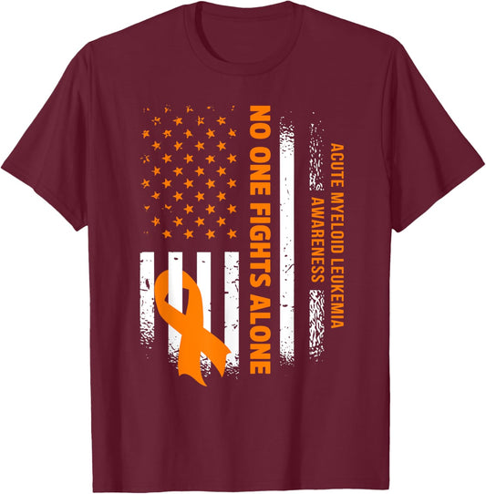 Nobody Fights Acute Myeloid Leukemia Alone USA Flag Women Men T-Shirt - T-Shirt | Maroon