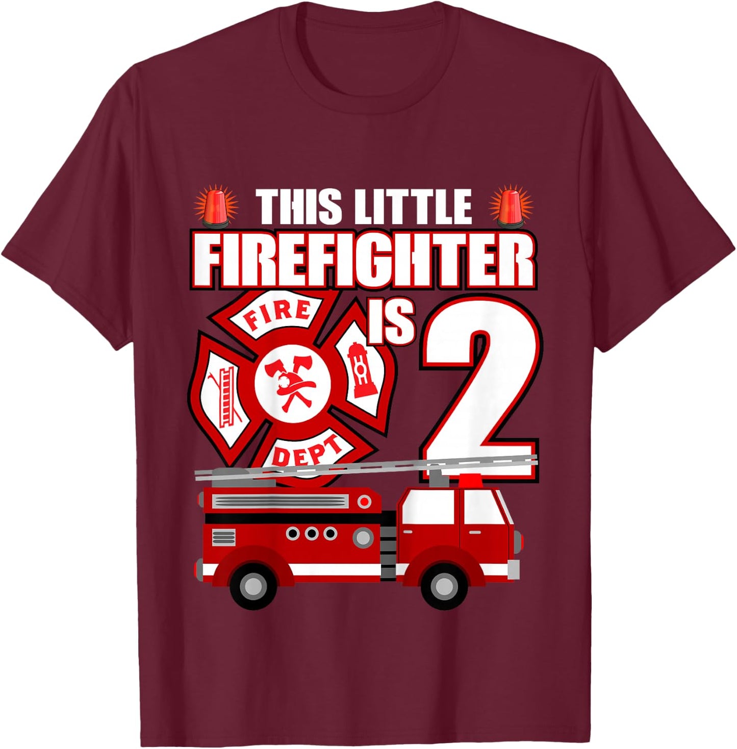 2 Year Old Firefighter Birthday Party Fire Truck 2nd Gift T-Shirt - T-Shirt | Maroon