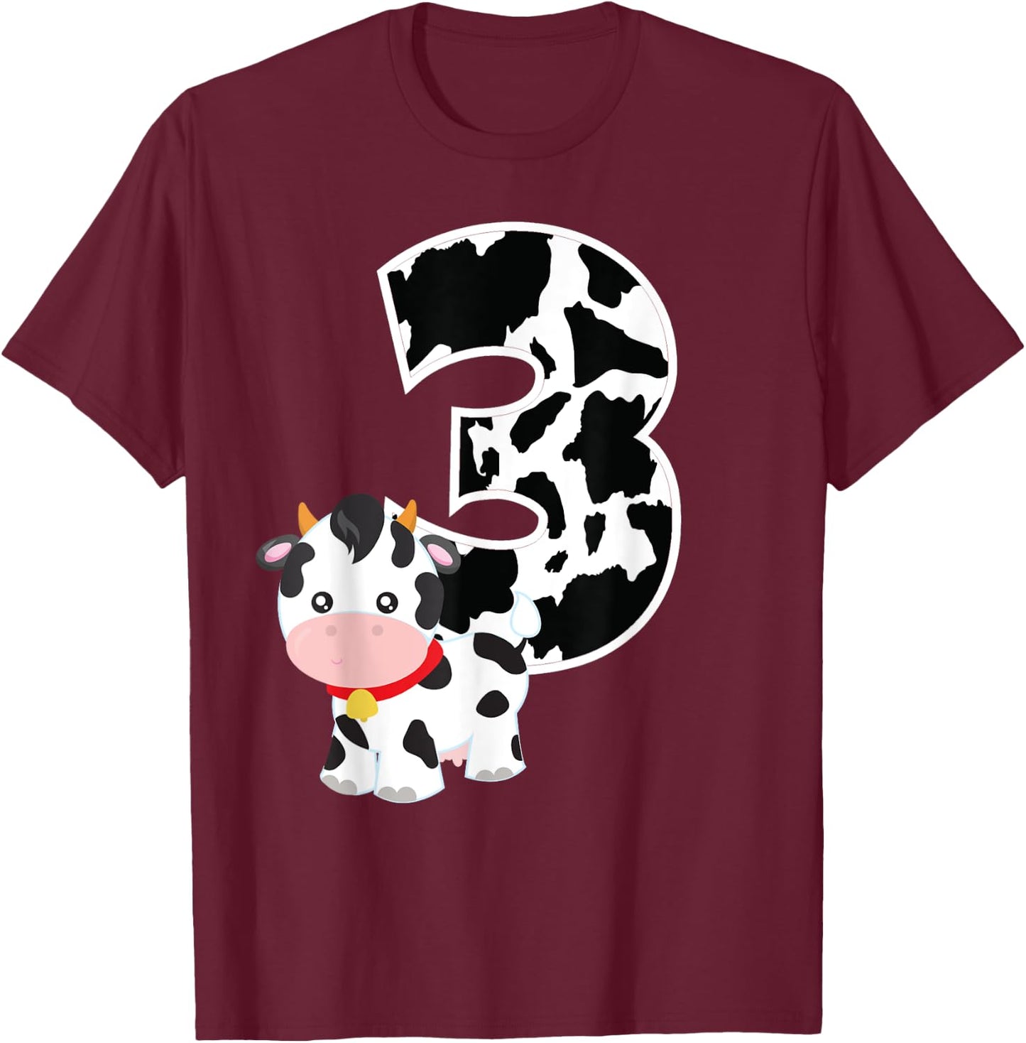 I'm Three Age 3 Cow Farm Theme Birthday Gift Number 3 Shirt T-Shirt - T-Shirt | Maroon