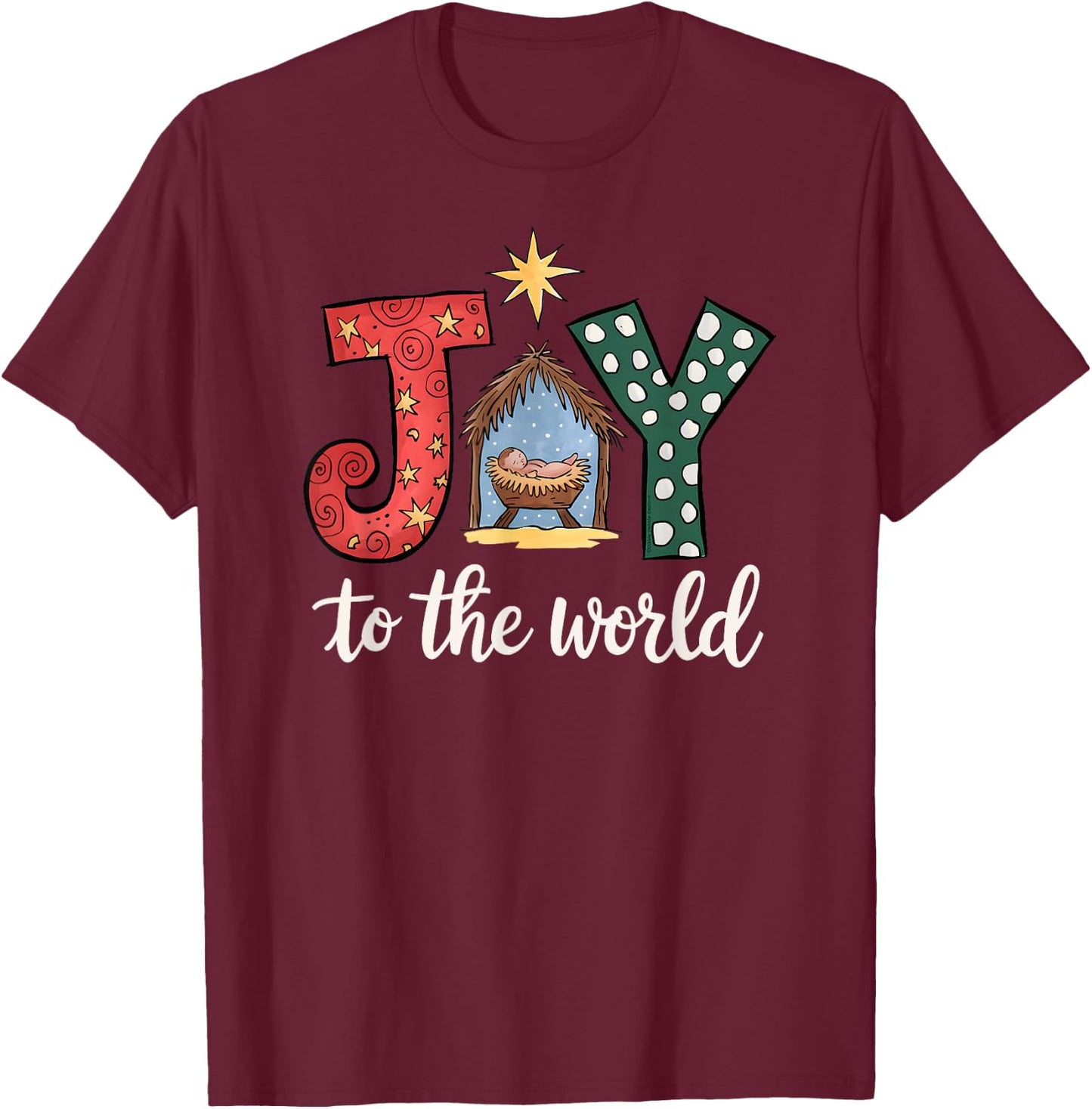 Dibble Dabble Designs Christmas Nativity - -Adults & Kids - Black - Small - Short Sleeve - Modern Artistic - JOY to the World with Jesus in the Manger T-Shirt - T-Shirt | Maroon