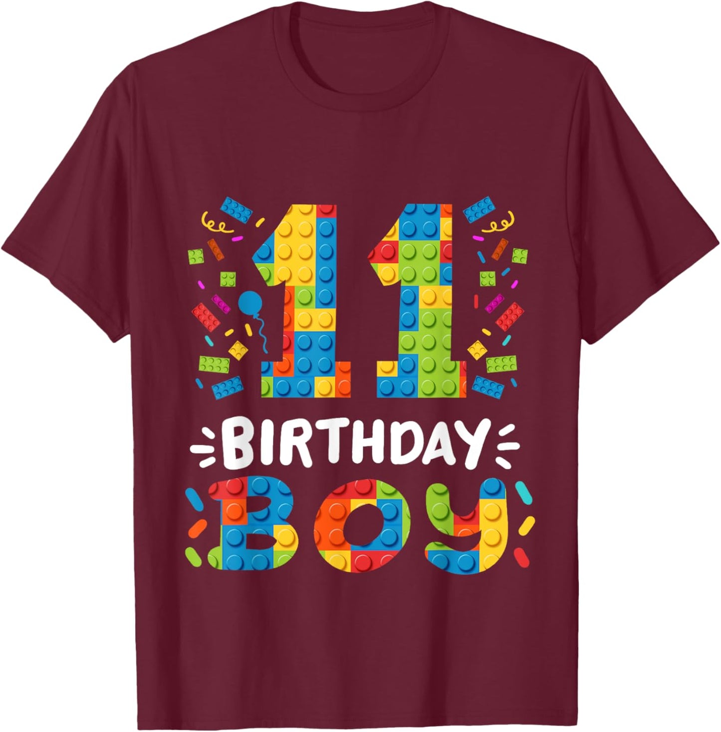 Kids 11 Years Old Building Blocks Builder 11th Birthday Boys T-Shirt - T-Shirt | Maroon