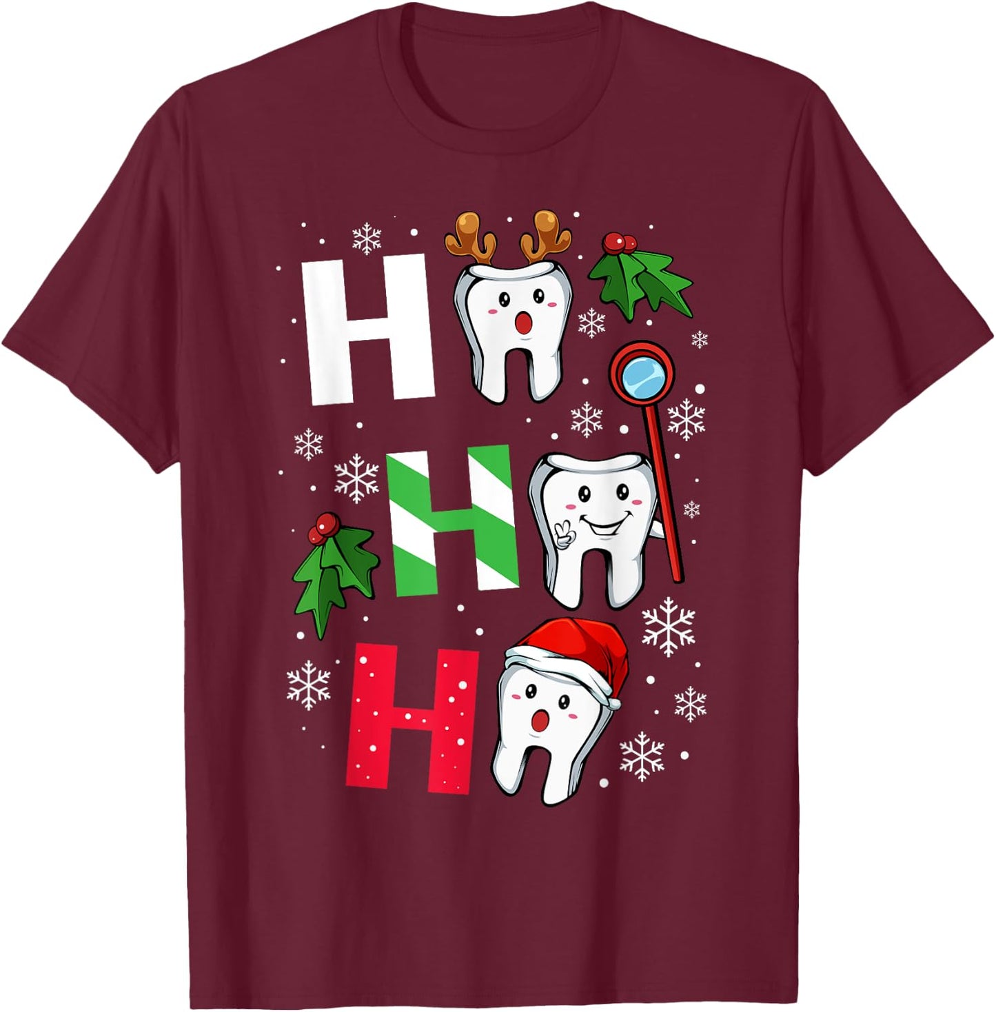 Dentist Christmas Ho Ho Ho Teeth Dental Student Merry Xmas T-Shirt - T-Shirt | Maroon