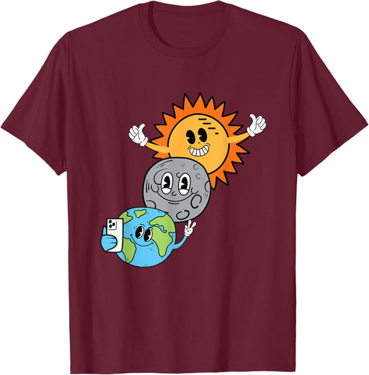 2024 Solar Eclipse Sun Moon Earth Selfie Kids Adult April 8 T-Shirt - T-Shirt | Maroon