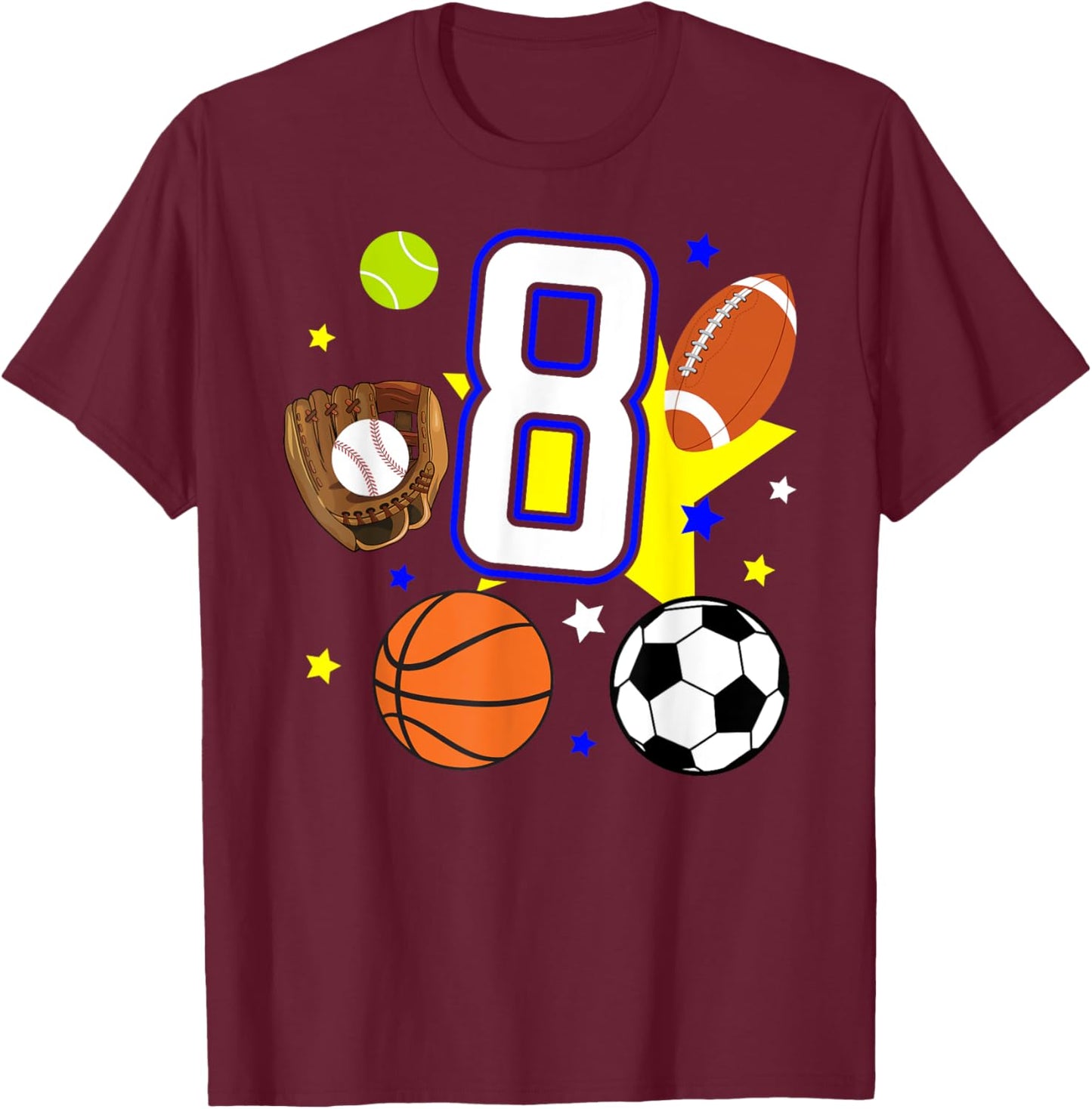 8th Birthday Sports Birthday Theme 8 Year Old Boy T-Shirt - T-Shirt | Maroon