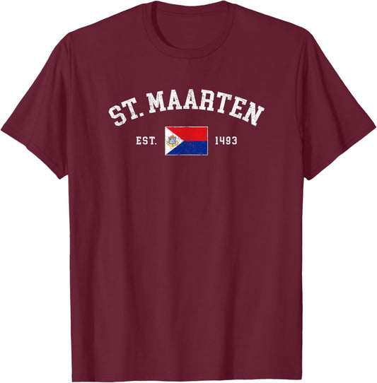 Vintage St Maarten Flag Est 1493 Retro Souvenir T-Shirt - T-Shirt | Maroon