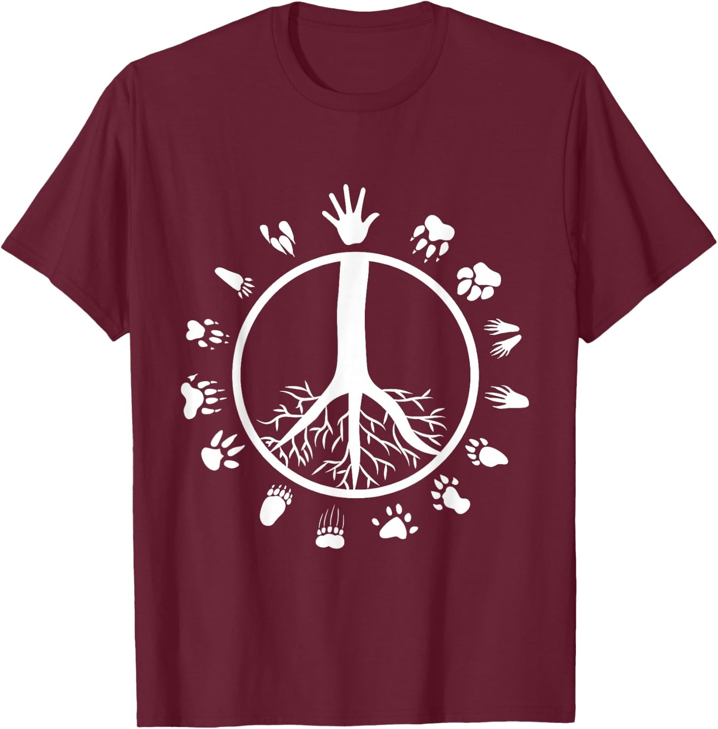 Peace Sign Tree Roots Animal Footprints Vegan T-Shirt - T-Shirt | Maroon