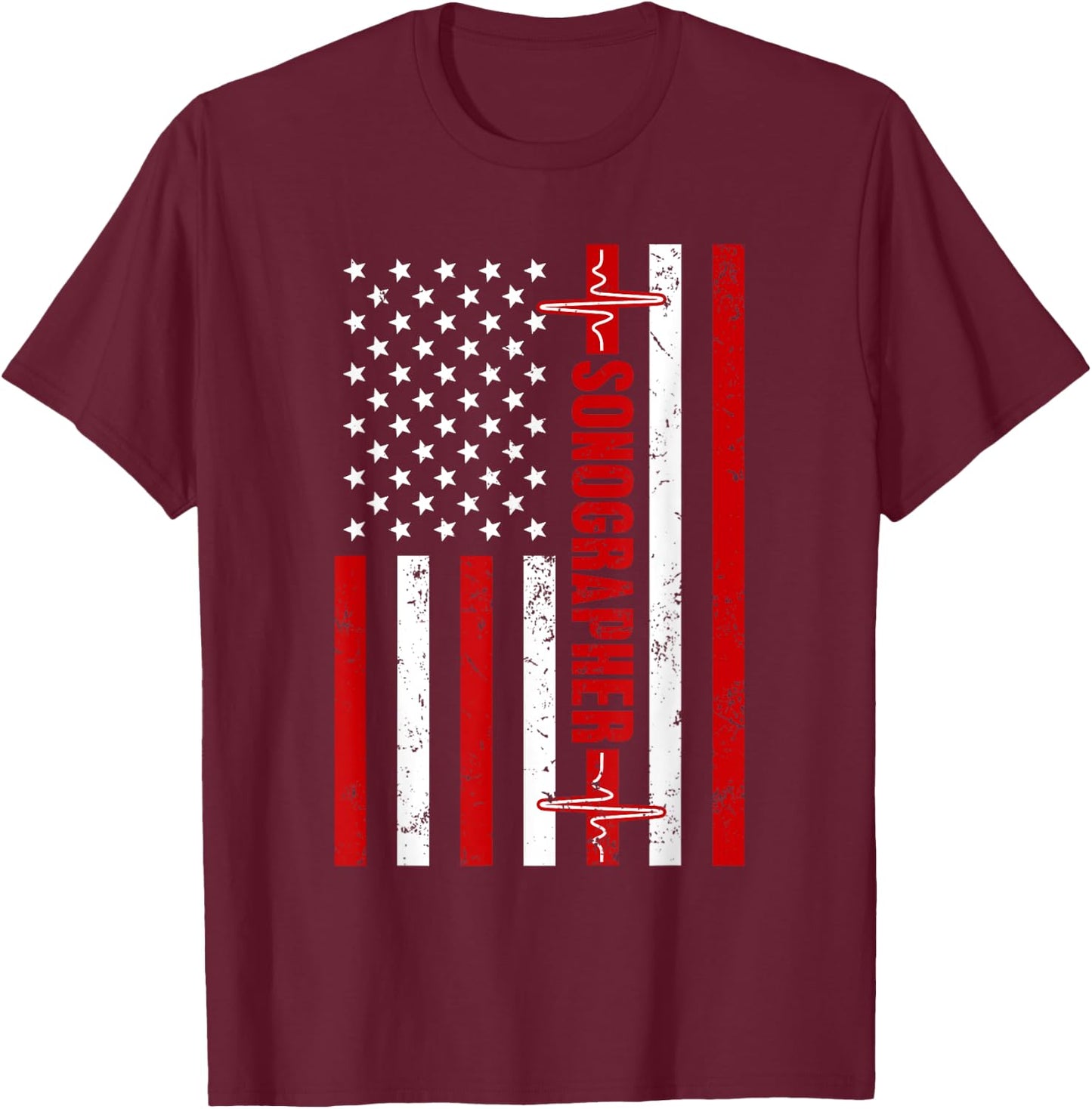 Patriotic Medical Sonographer American flag Heartbeat USA T-Shirt - T-Shirt | Maroon