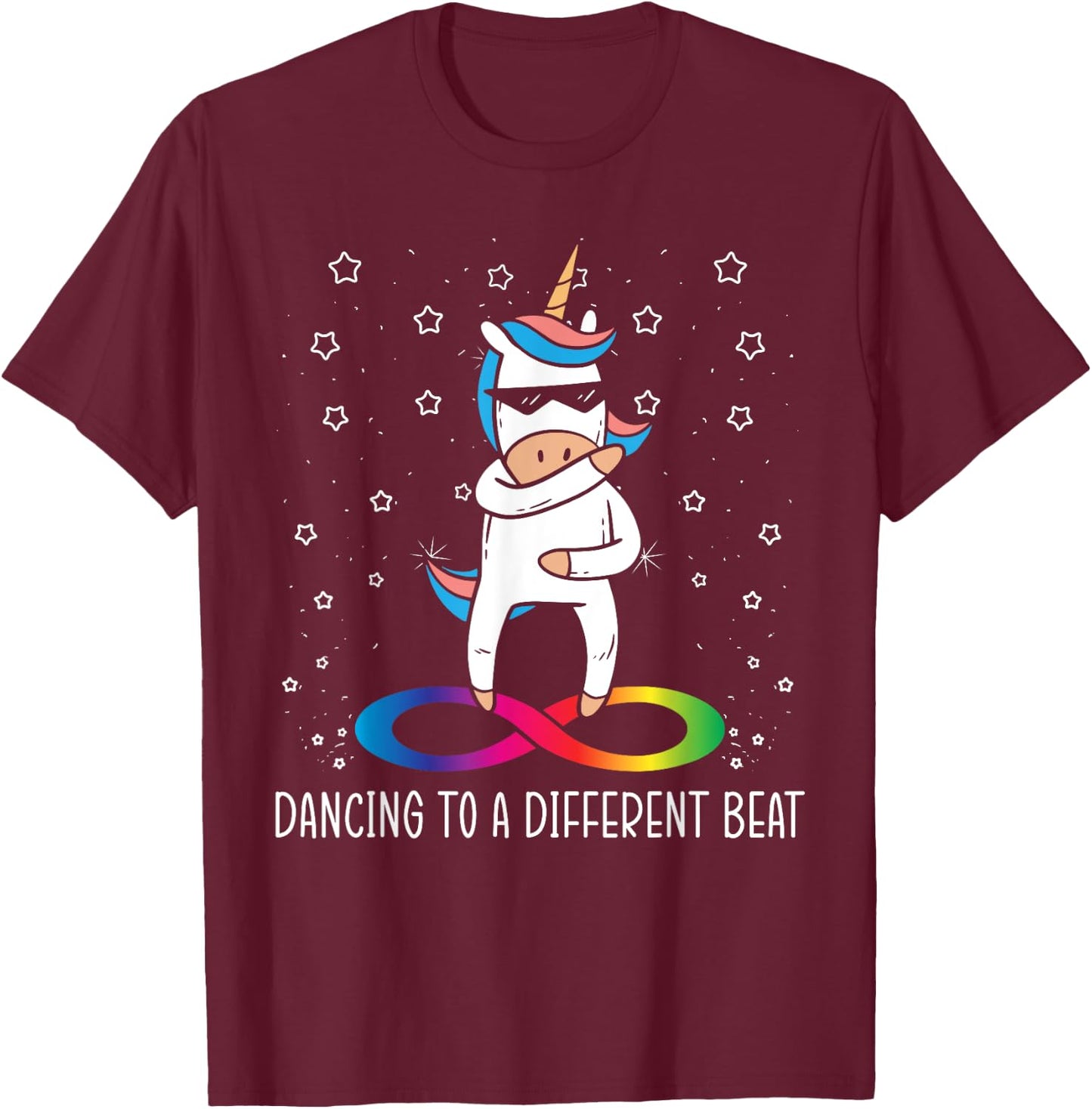 Dancing To A Different Beat Neurodiversity Unicorn Rainbow T-Shirt - T-Shirt | Maroon