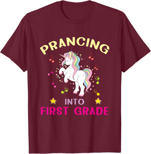 Prancing Into First Grade Unicorn Back To School T-Shirt - T-Shirt | Maroon