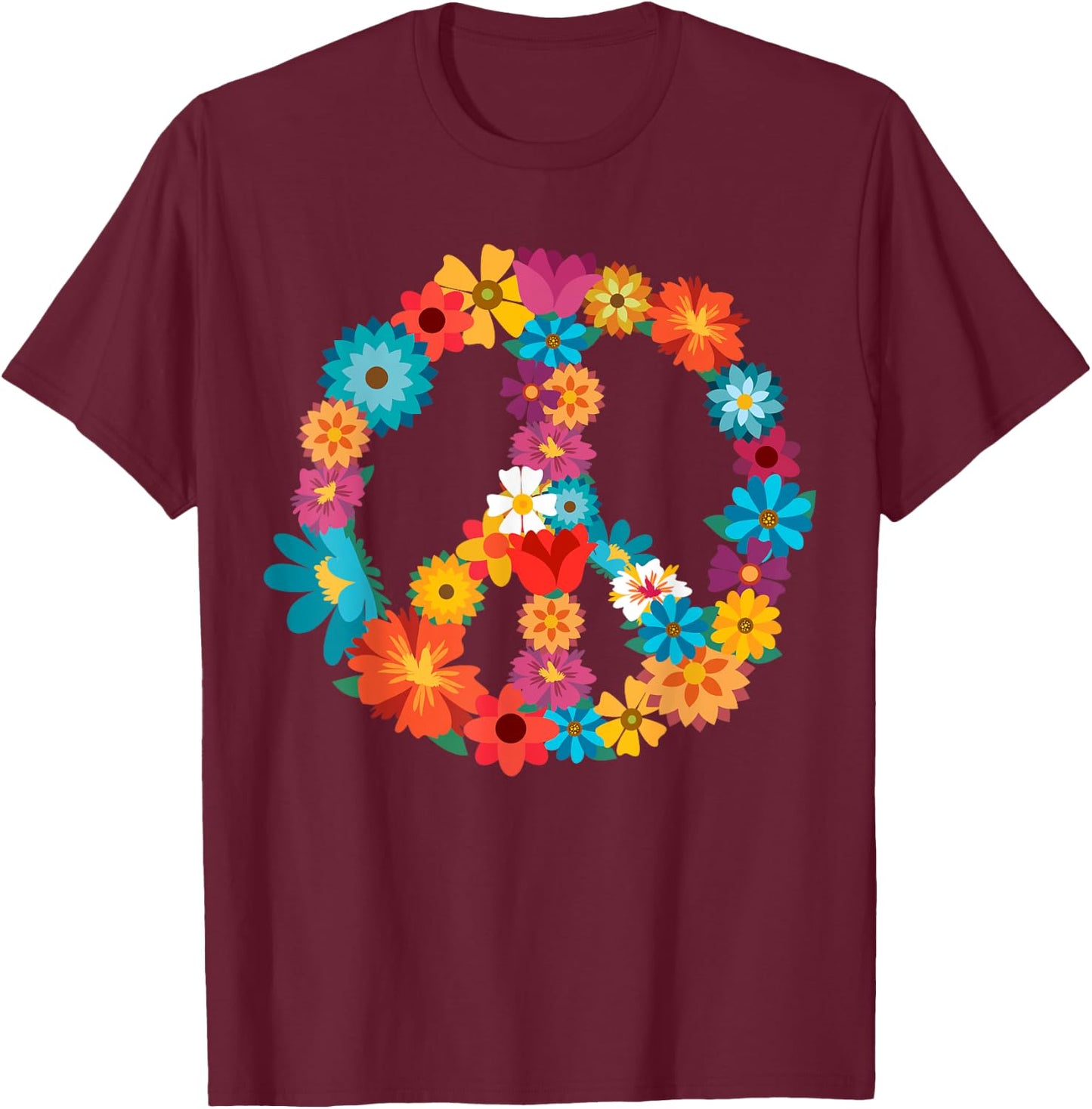 Peace Love Shirt | 60's 70's Hippie Costume Colorful Flowers T-Shirt - T-Shirt | Maroon
