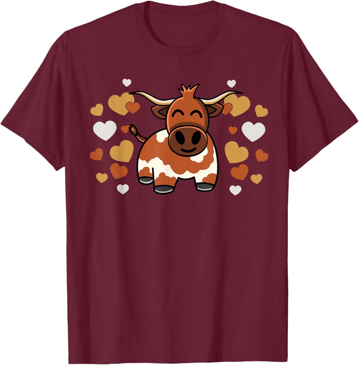Cute Longhorn Cow With Hearts for Longhorn Cow Lovers T-Shirt - T-Shirt | Maroon