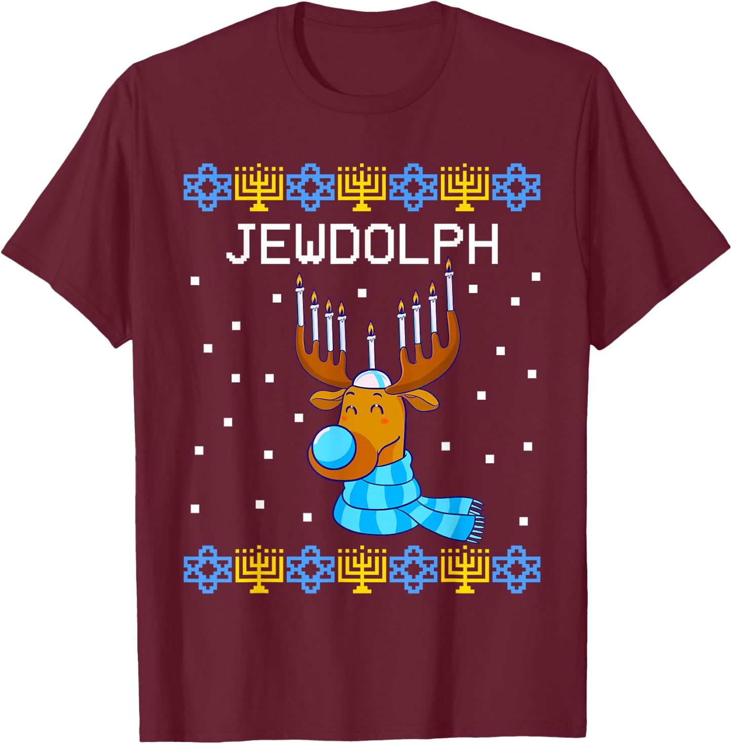 Jewdolph Ugly Hanukkah Sweater Reindeer Menorah Chanukah T-Shirt - T-Shirt | Maroon