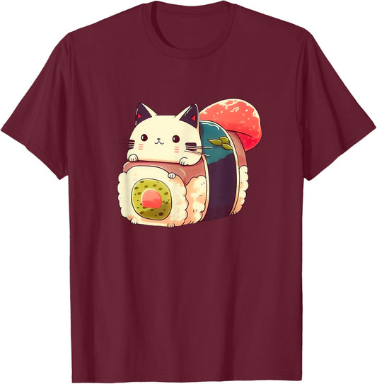 Niedliche Sushi-Katze Kawaii Anime Neko Japanisch T-Shirt - T-Shirt | Maroon