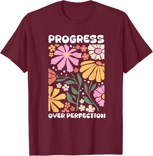 Progress Over Perfection ABA Therapist Behavior RBT Floral T-Shirt - T-Shirt | Maroon