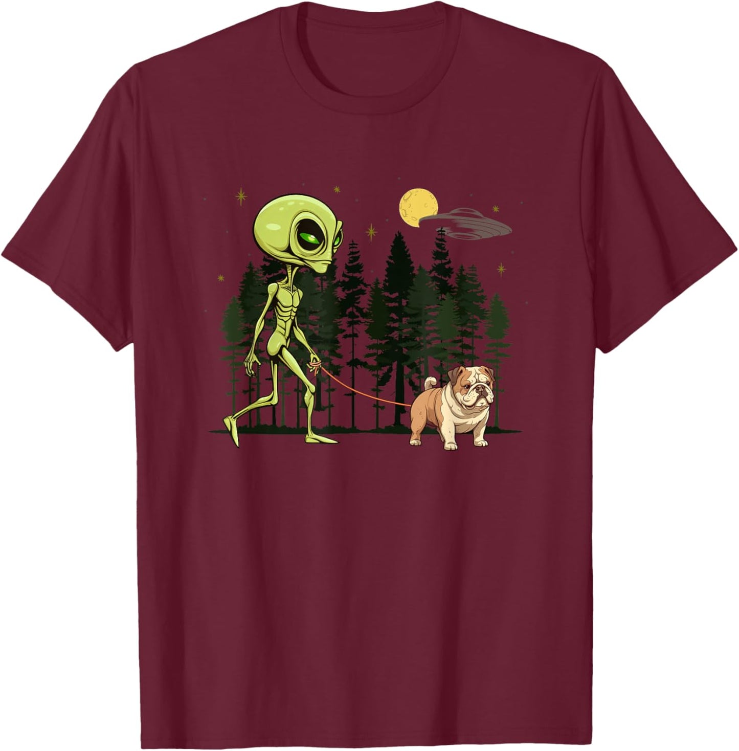 Funny English Bulldog Alien Walking UFO Pet Dog Mom Dad T-Shirt - T-Shirt | Maroon