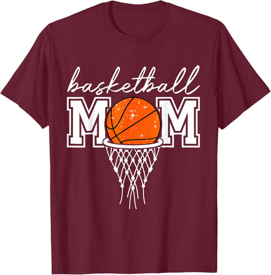 Basketball Mom Mother Leopard Basketball Hoop Net Game Day T-Shirt - T-Shirt | Maroon