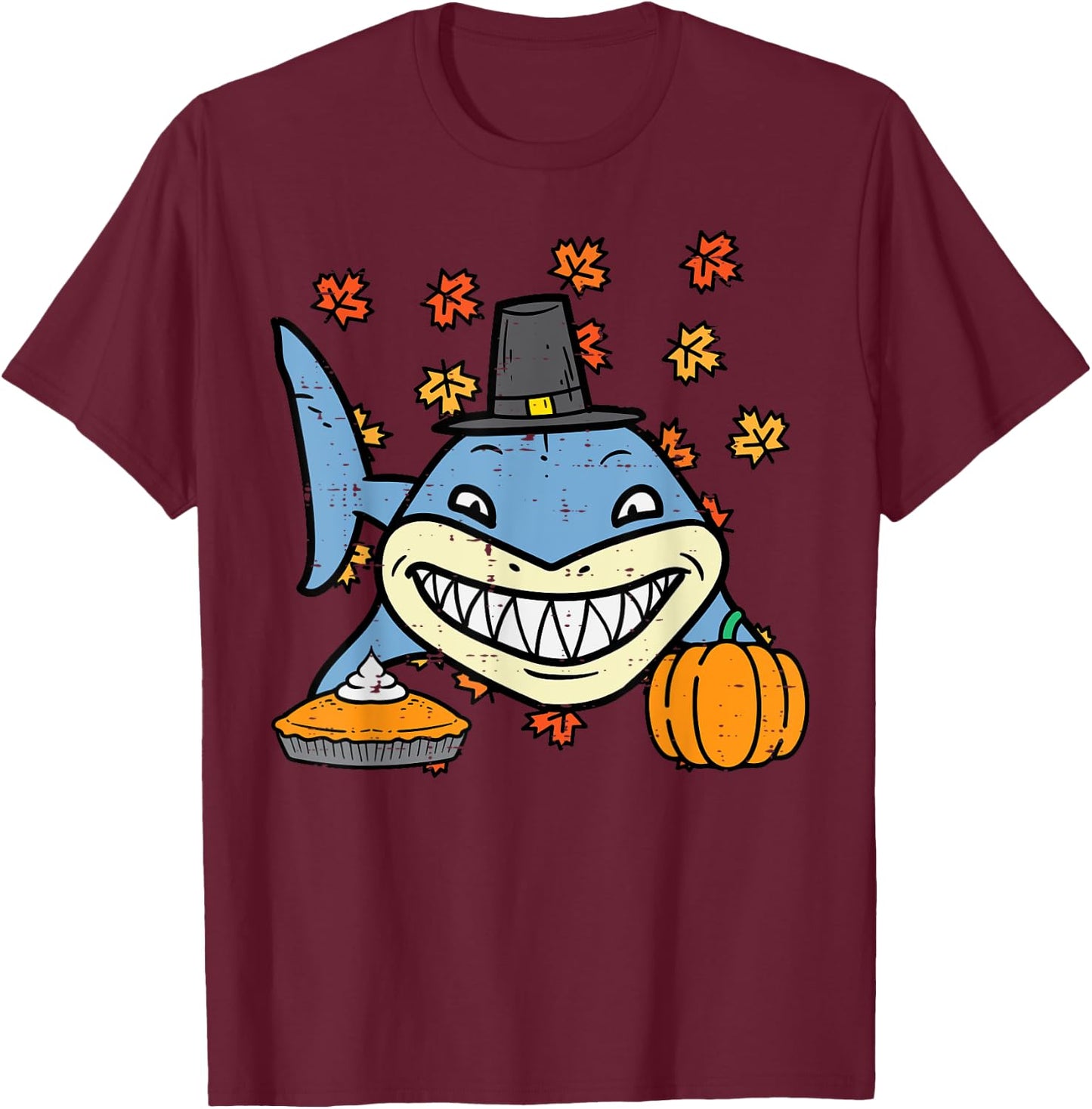 Thanksgiving Pilgrim Shark Cute Fall Autumn Men Women Kids T-Shirt - T-Shirt | Maroon
