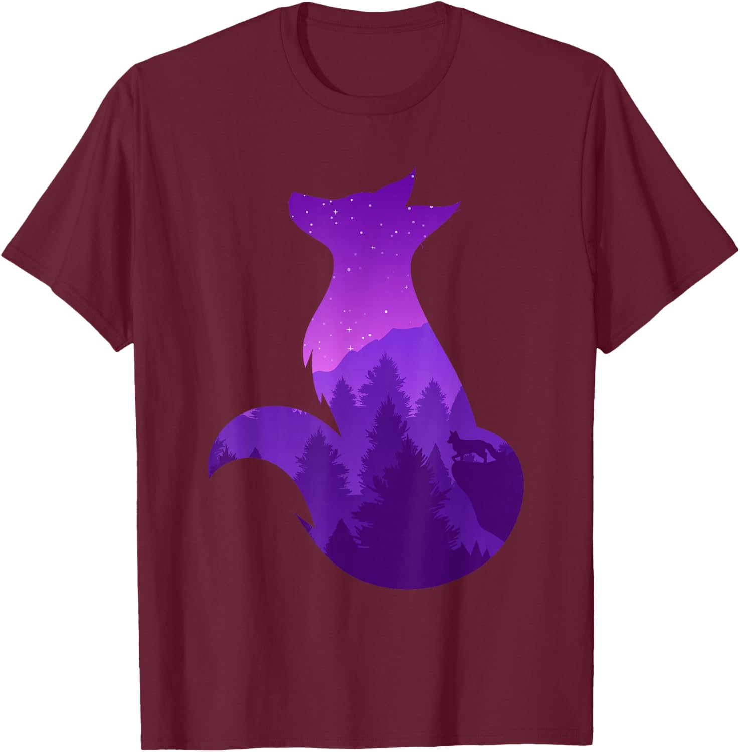 Night Wildlife Animal Galaxy Forest Nature Trees Stars Fox T-Shirt - T-Shirt | Maroon