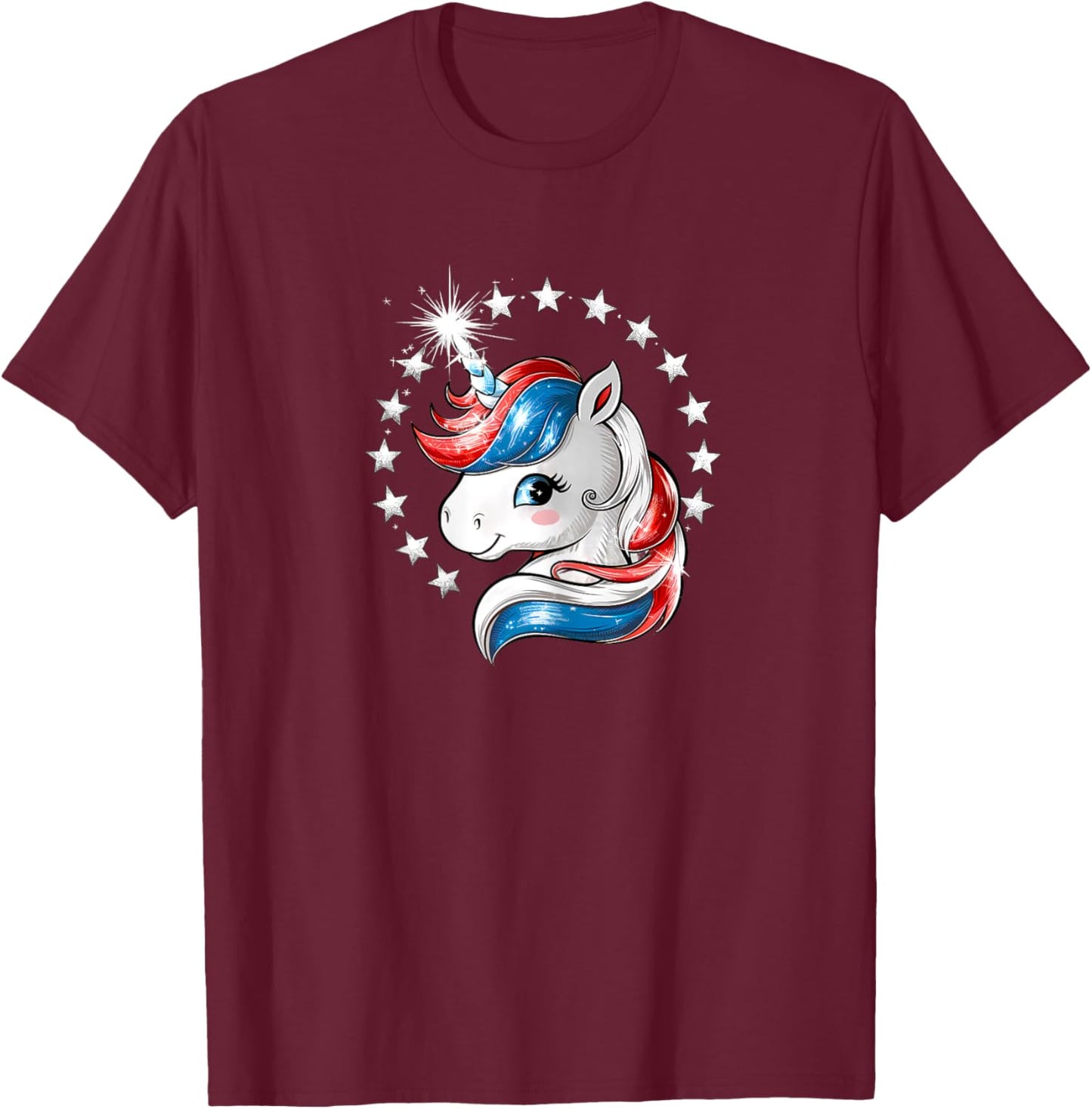 Patriotic Unicorn 4th of July Red White Blue Stars Girls T-Shirt - T-Shirt | Maroon