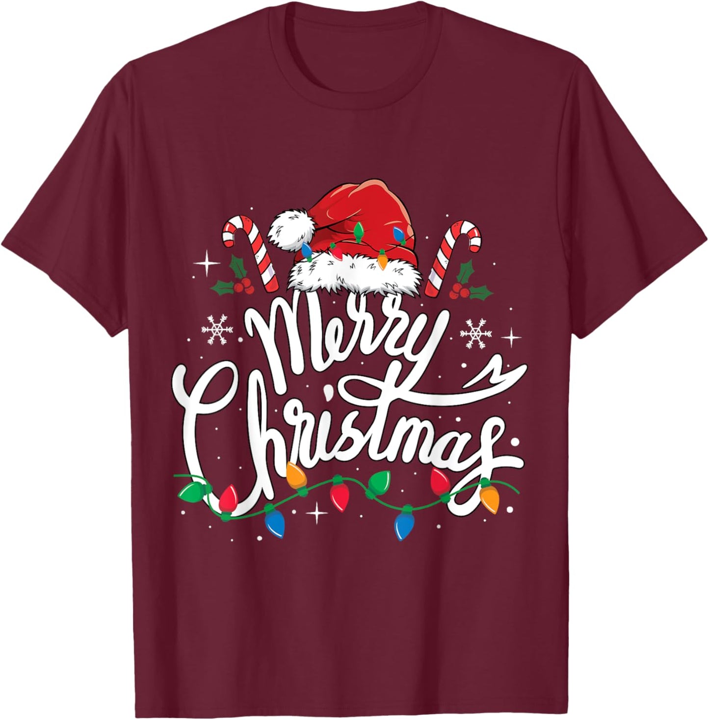 Merry Christmas Lights Red Santa Hat Xmas Family Men Women T-Shirt - T-Shirt | Maroon