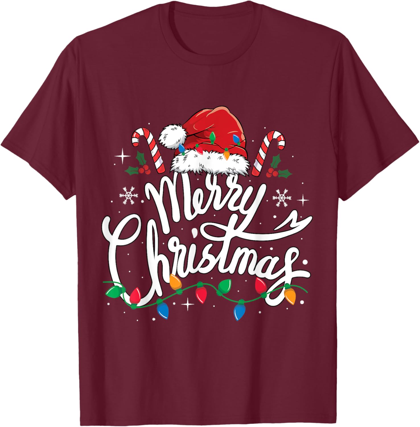 Merry Christmas Lights Red Santa Hat Xmas Family Men Women T-Shirt - T-Shirt | Maroon