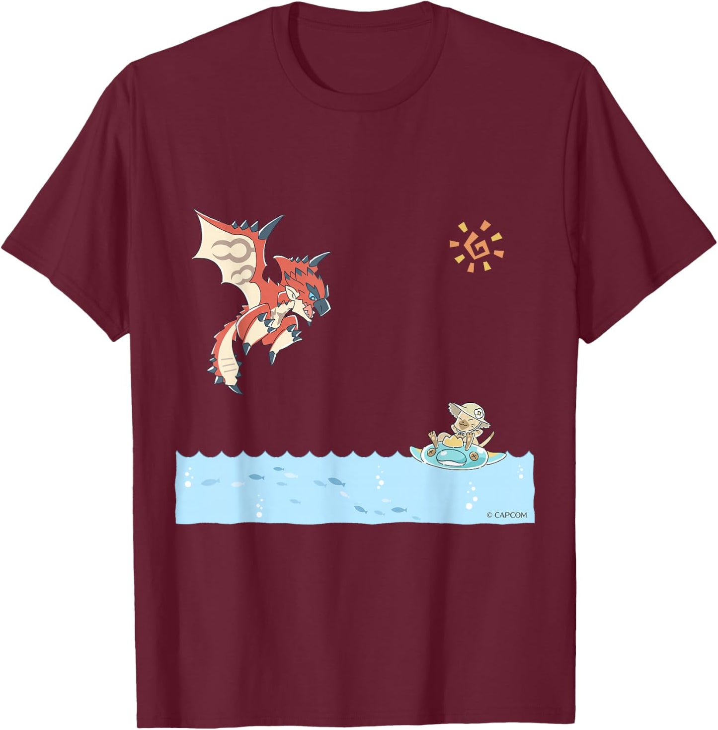 Monster Hunter Rathalos & Swimming Felyne T-Shirt - T-Shirt | Maroon