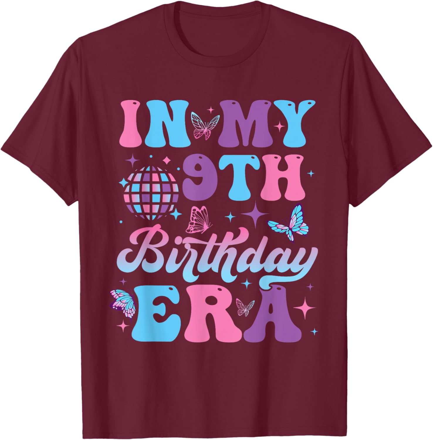 Groovy In My 9th Birthday Era Nine 9 years Old Birthday T-Shirt - T-Shirt | Maroon