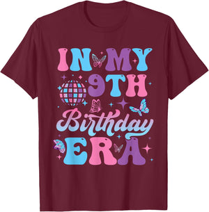 Groovy In My 9th Birthday Era Nine 9 years Old Birthday T-Shirt - T-Shirt | Maroon
